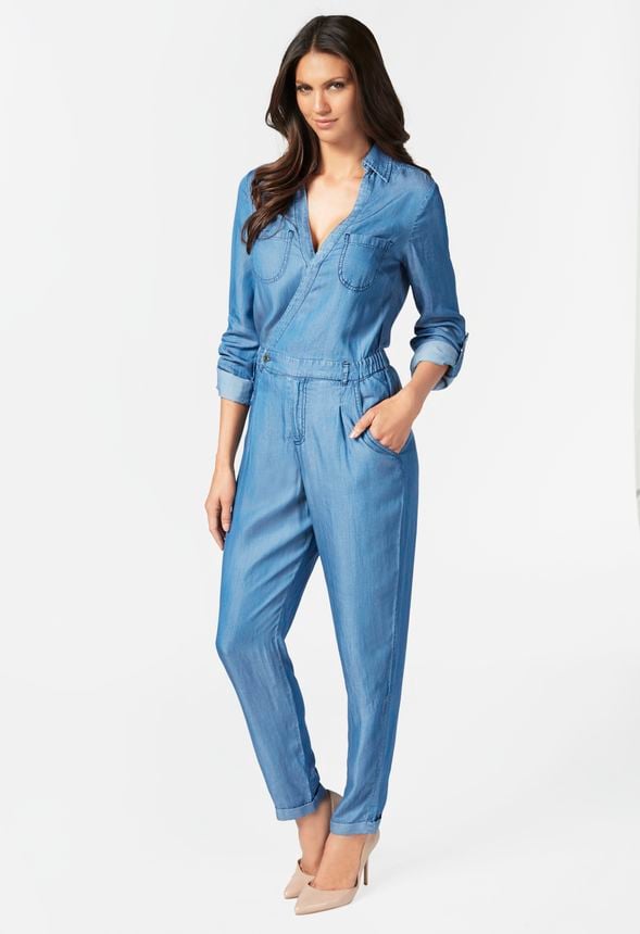 Roll-Up Sleeve Chambray Jumpsuit - JustFab